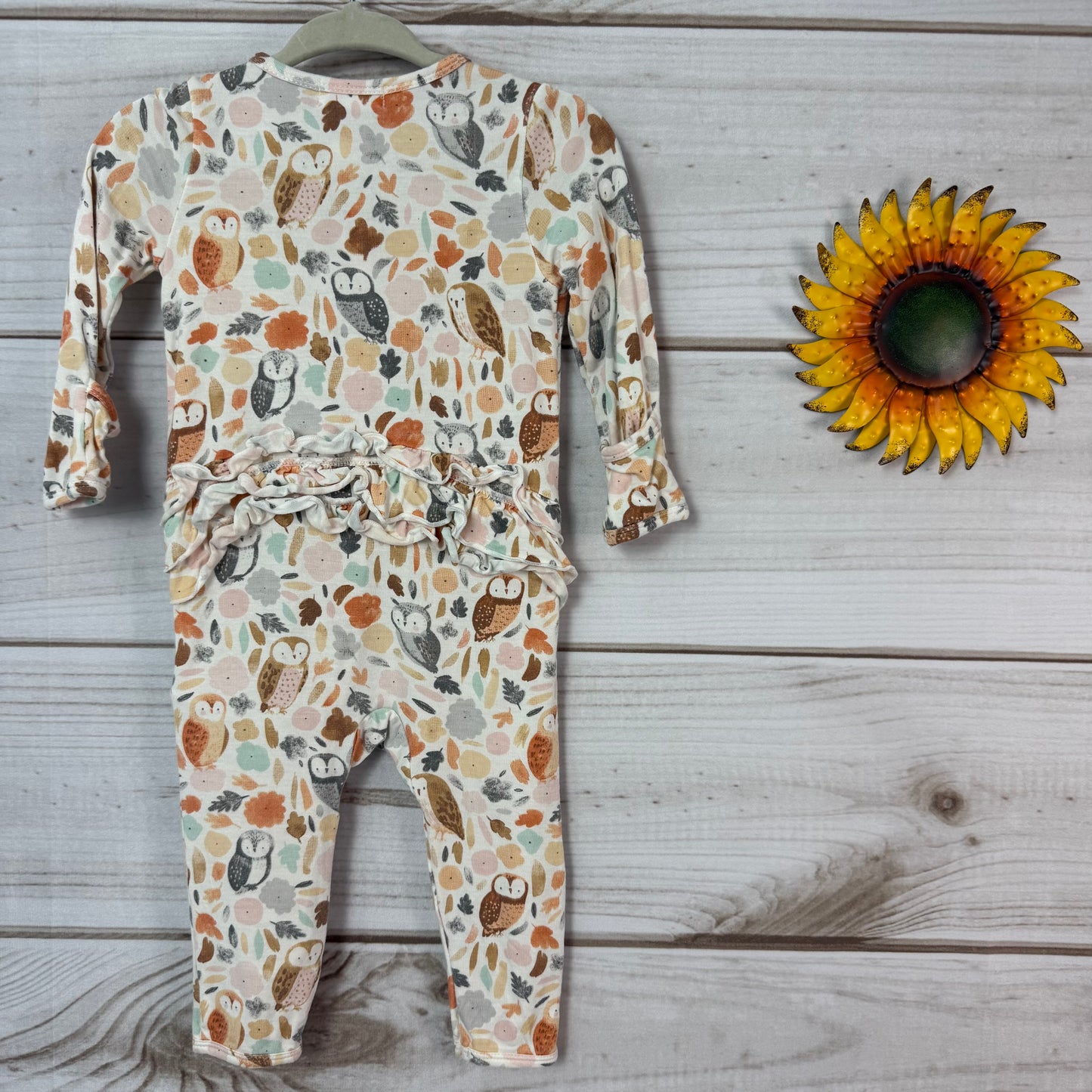 angel dear autumn owls bamboo ruffle romper 3-6M