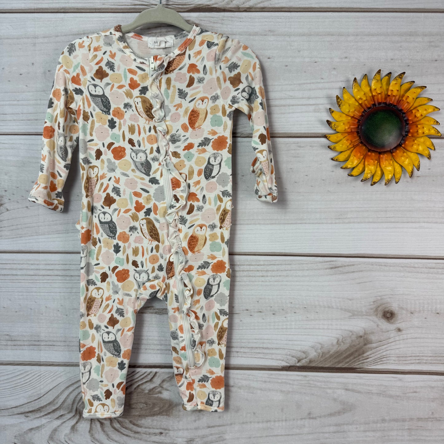 angel dear autumn owls bamboo ruffle romper 3-6M