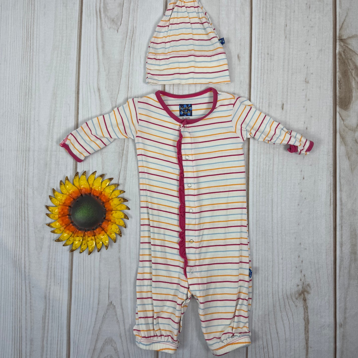 kickee beach stripe ruffle romper and hat 0-3M