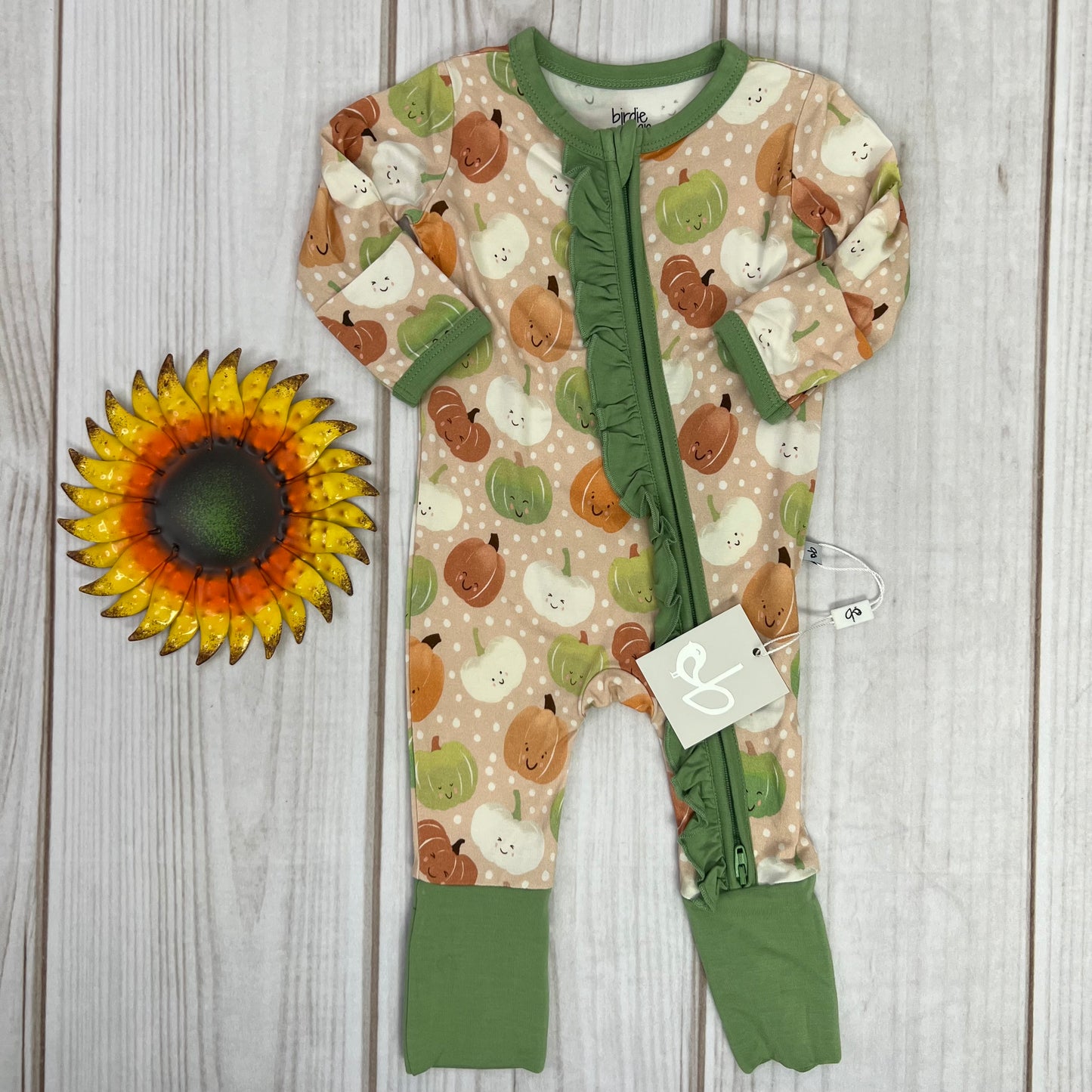 birdie bean ruffle zip romper NB