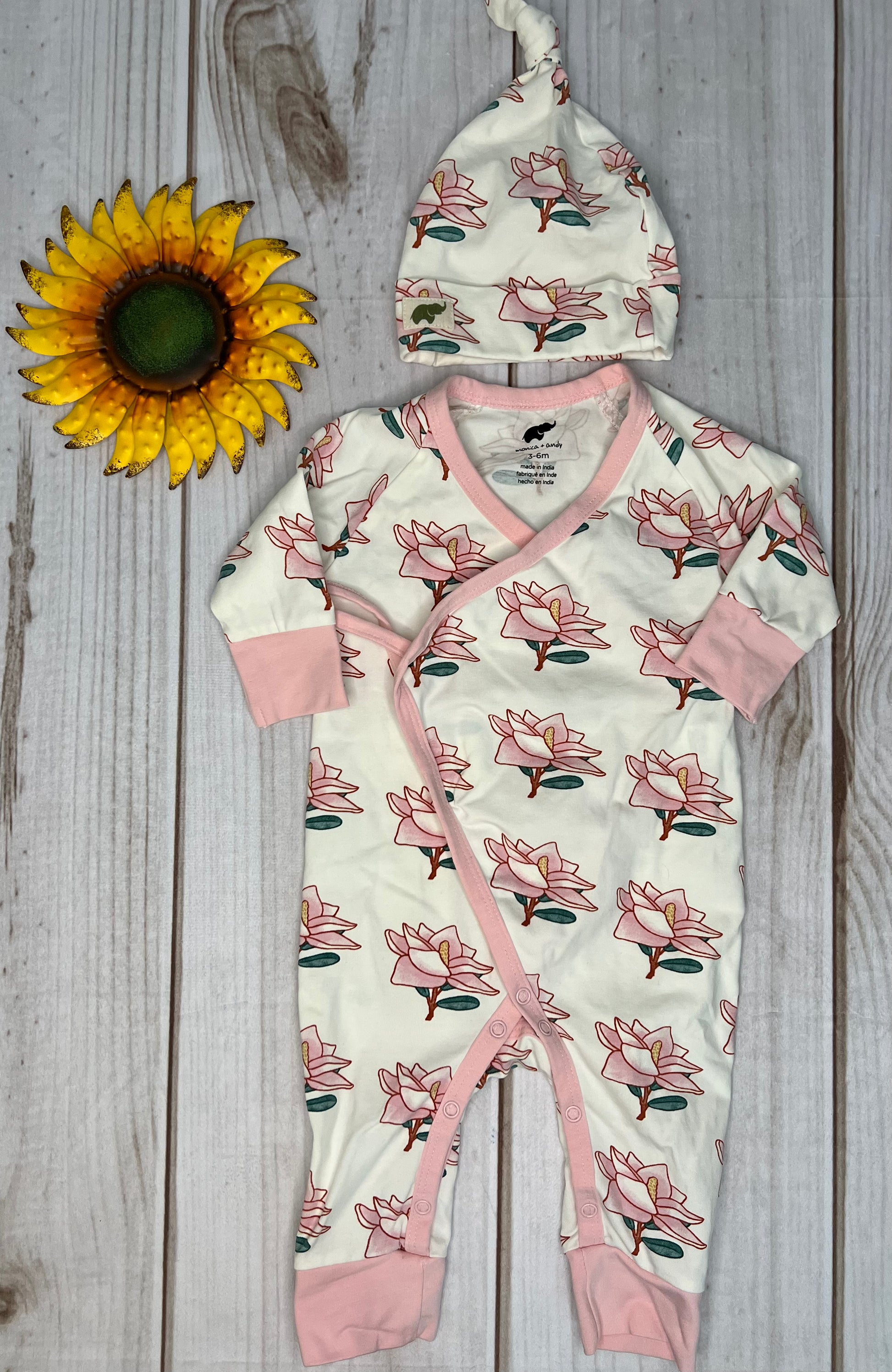 monica + andy kimono tie one-piece and hat 3-6M - The Sunflower Baby Shop