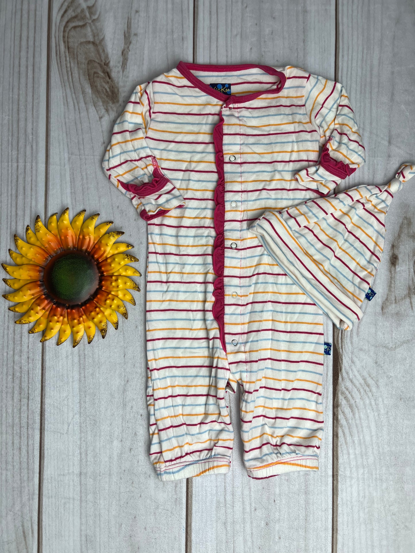 kickee beach stripe ruffle romper and hat 0-3M